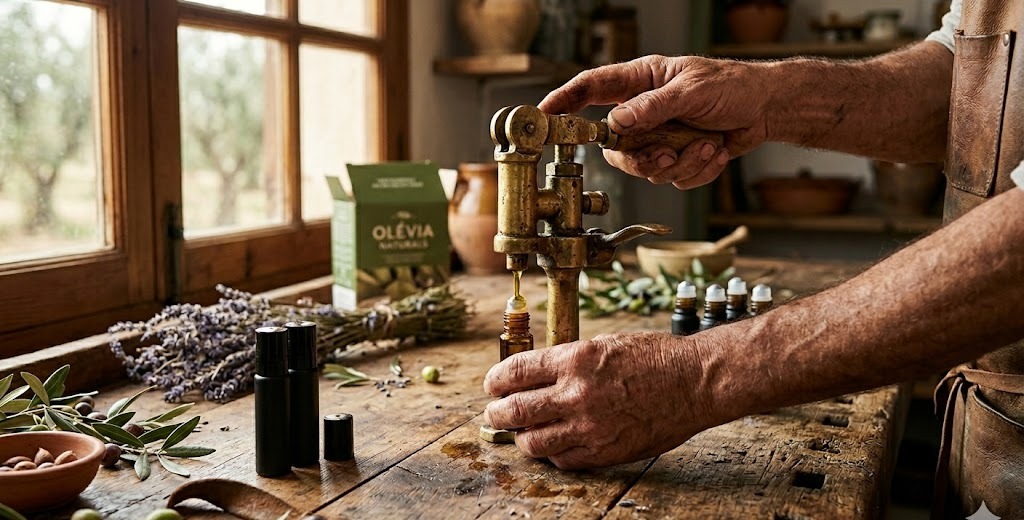 Artisan hands filling Olévia bottles one by one